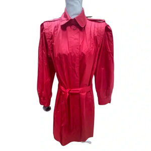 Vntg 80s Laura Winston Bright Red Trench Coat Polka Dot Rubberized Nylon